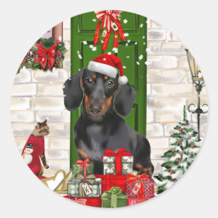 Pegatina Redonda Navidades de perro de Dachshund