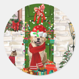 Pegatina Redonda Navidades de perro de Golden Retriever