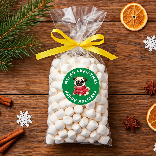 Pegatina Redonda Navidades De Perro De Pug Para Regalos (Pug Dog Christmas For Gifts Presents Classic Round Sticker)