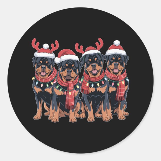 Pegatina Redonda Navidades de perro de Rottweiler Familia de Navida (Anverso)