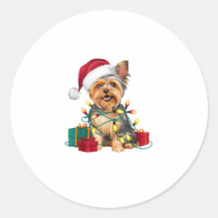 Pegatina Redonda Navidades de perro de Santa Hat Yorkie