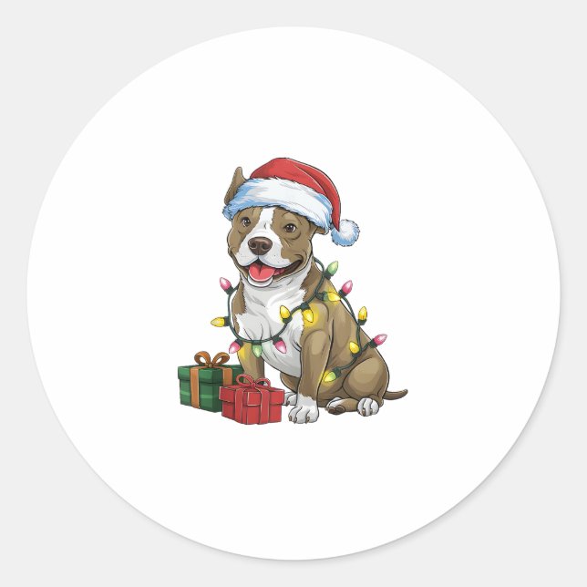 Pegatina Redonda Navidades de Perro Terrier de Santa Pitbull (Anverso)
