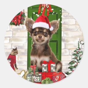 Pegatina Redonda Navidades de perros de Chihuahua