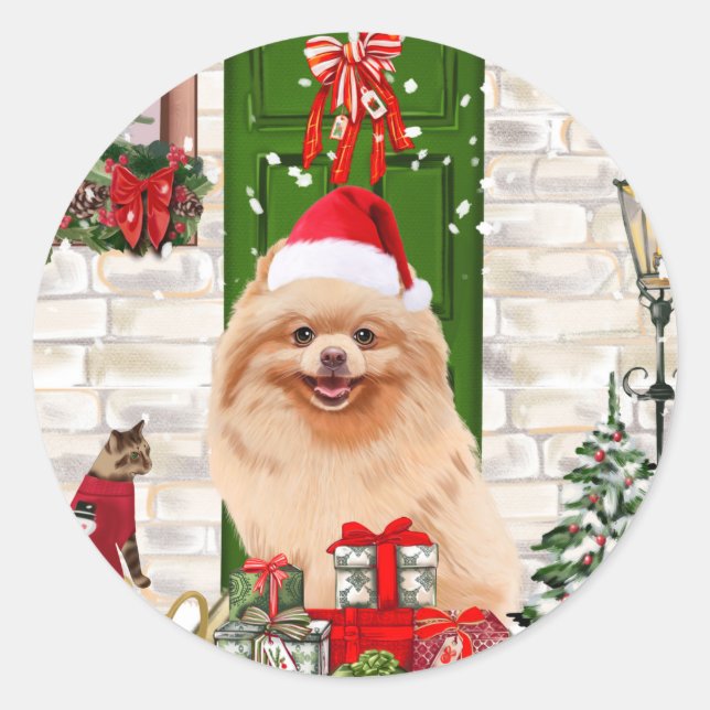 Pegatina Redonda Navidades de perros de Pomerania (Anverso)