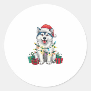Pegatina Redonda Navidades de perros de Santa Hat Malamute Lighting