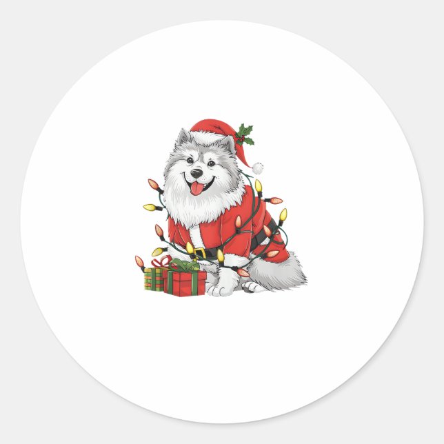 Pegatina Redonda Navidades de perros de Santa Samoyed (Anverso)