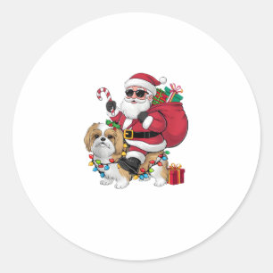 Pegatina Redonda Navidades de perros de Shih Tzu iluminando Santa R