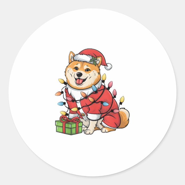 Pegatina Redonda Navidades de perros inu de Santa Shiba (Anverso)