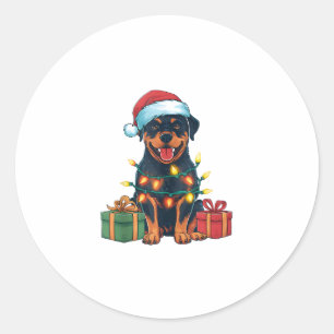 Pegatina Redonda Navidades de perros rottweiler de Santa Hat Ilumin