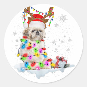 Pegatina Redonda Navidades de perros Shih Tzu Luces de Navidades