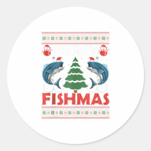 Pegatina Redonda Navidades de Pesca Graciosos de Merry Fishmas