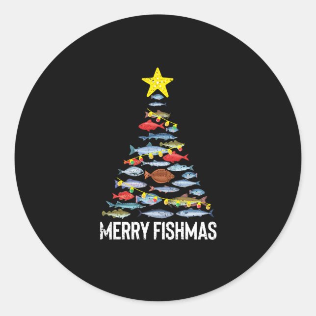 Pegatina Redonda Navidades de pescado divertidos de Merry Fishmas (Anverso)