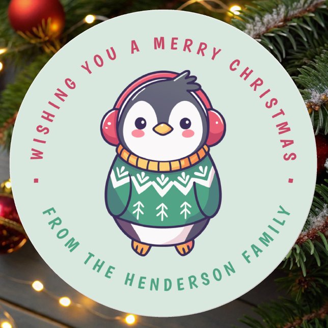 Pegatina Redonda Navidades de pingüino lindo en invierno (Subido por el creador)