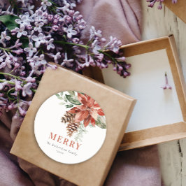 Pegatina Redonda Navidades de Pino de color acuático Merry Poinsett