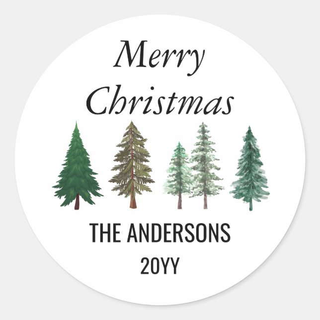 Pegatina Redonda Navidades de Pinos Elegantes de Winter Forest (Anverso)