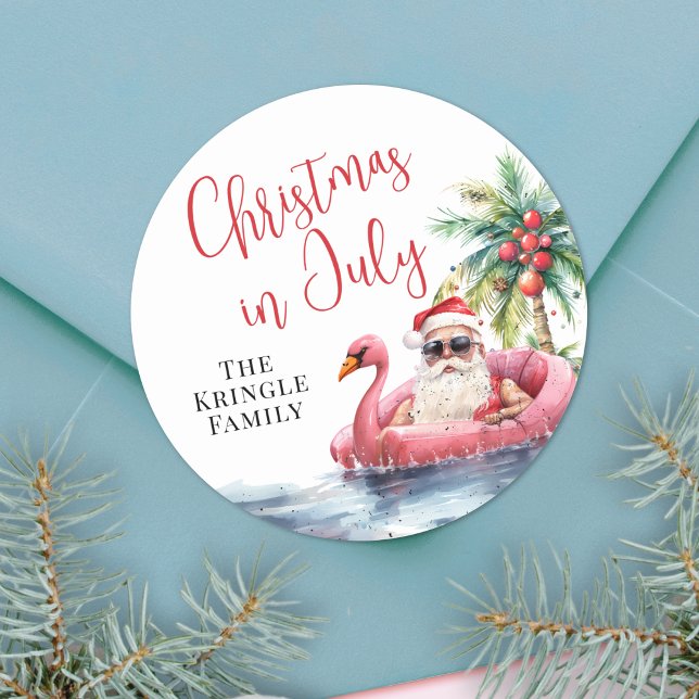 Pegatina Redonda Navidades De Playa En Julio (Beach Christmas In July Classic Round Sticker)