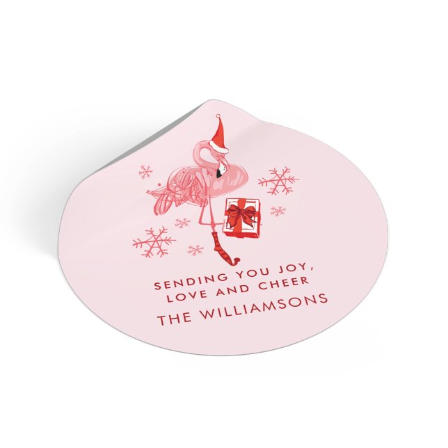 Pegatina Redonda Navidades de playa tropical Flamingo rosa (Pink Flamingo Tropical Beach Christmas Watercolor Classic Round Sticker)
