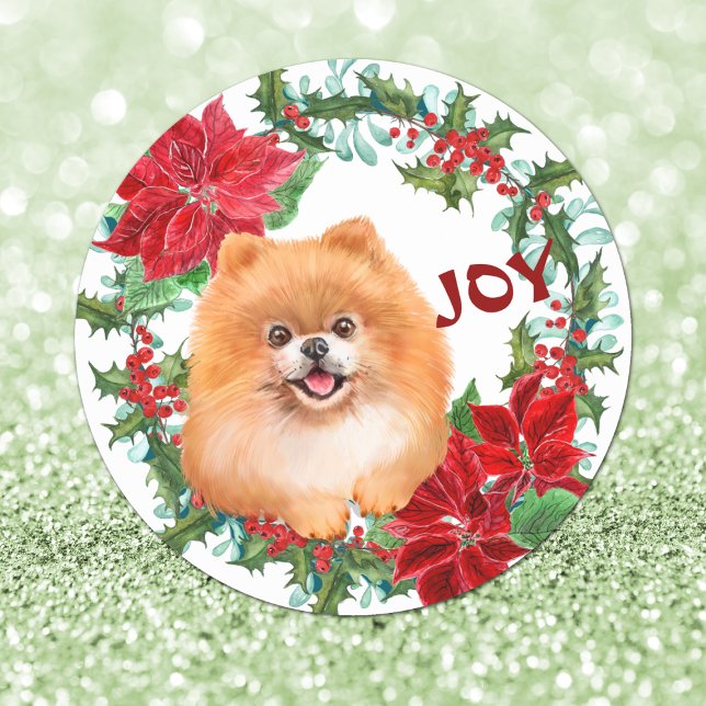 Pegatina Redonda Navidades de Poinsettia de Perro Pomerania (Subido por el creador)