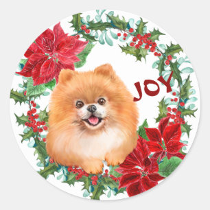 Pegatina Redonda Navidades de Poinsettia de Perro Pomerania