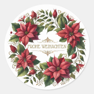 Pegatina Redonda Navidades de Poinsettia, Frohe Weinachten alemán