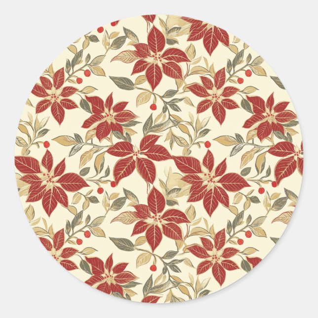Pegatina Redonda Navidades de Poinsettias de color verde rojo (Anverso)