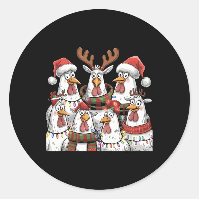 Pegatina Redonda Navidades de pollo divertidos iluminan la granja a (Anverso)