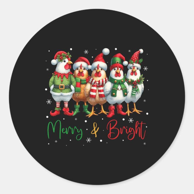 Pegatina Redonda Navidades de pollo divertidos iluminan la granja a (Anverso)