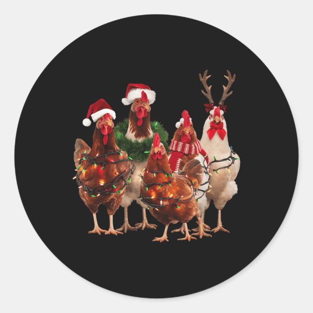 Pegatina Redonda Navidades de pollo divertidos iluminan la granja a (Anverso)
