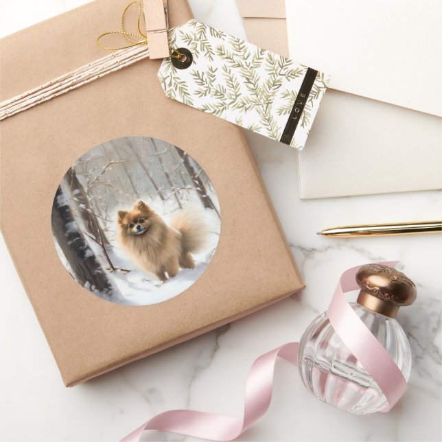 Pegatina Redonda Navidades de Pomeranian Let It Snow (Regalar)