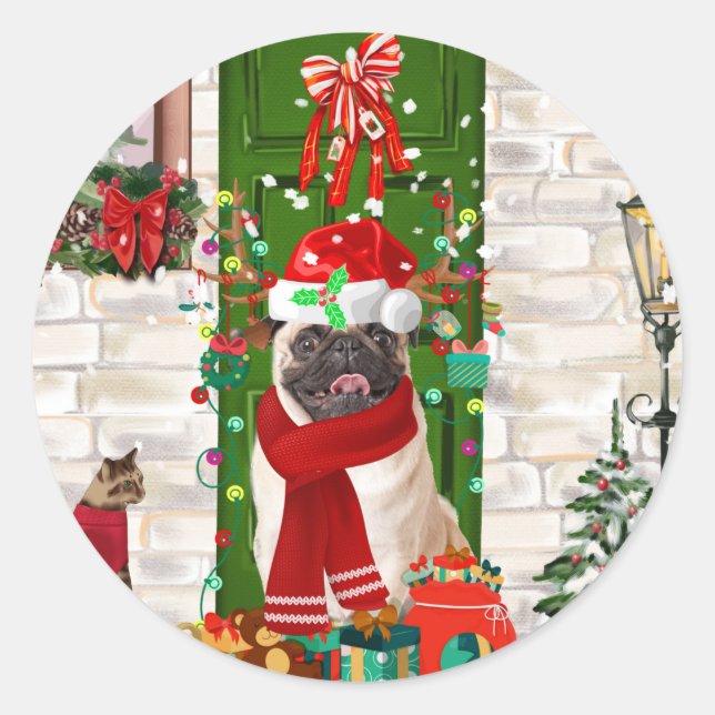 Pegatina Redonda Navidades de pug Dog (Anverso)