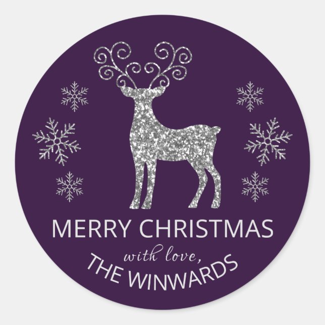 Pegatina Redonda Navidades de Purpurina de Plata Púrpura Vacacional (Anverso)