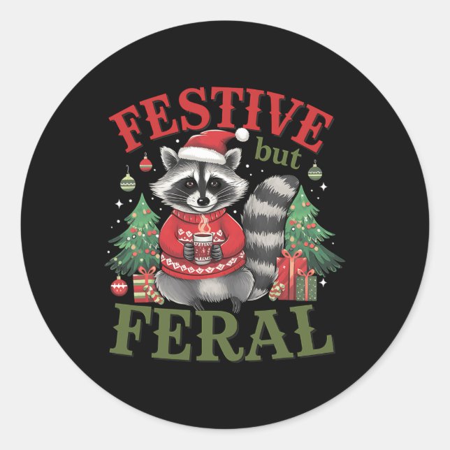 Pegatina Redonda Navidades de racconos animales festivos pero feral (Anverso)