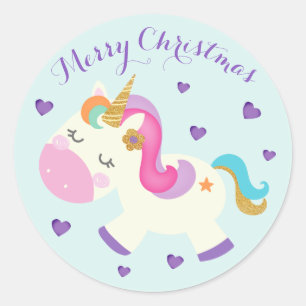 Pegatina Redonda Navidades de Rainbow Unicorn Purpurina Aqua