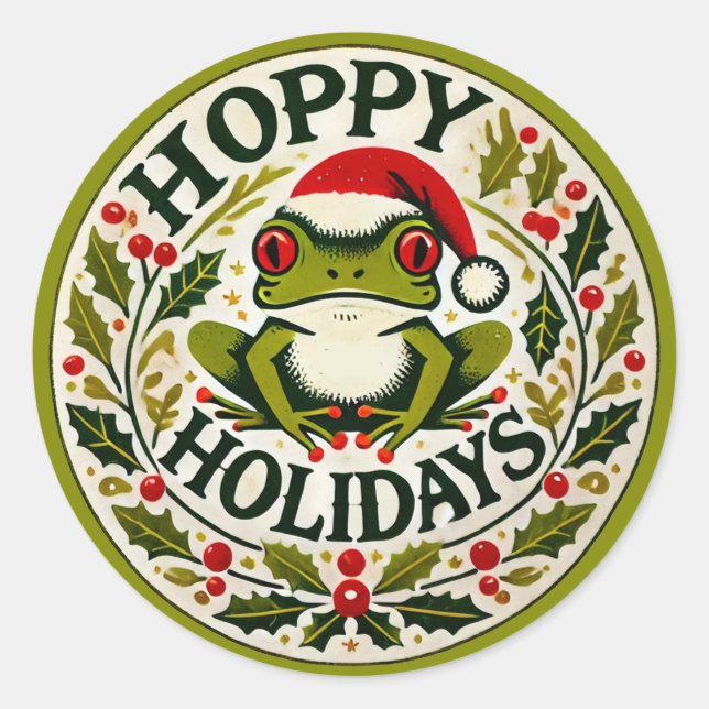 Pegatina Redonda Navidades de rana de Hoppy Holidays (Anverso)