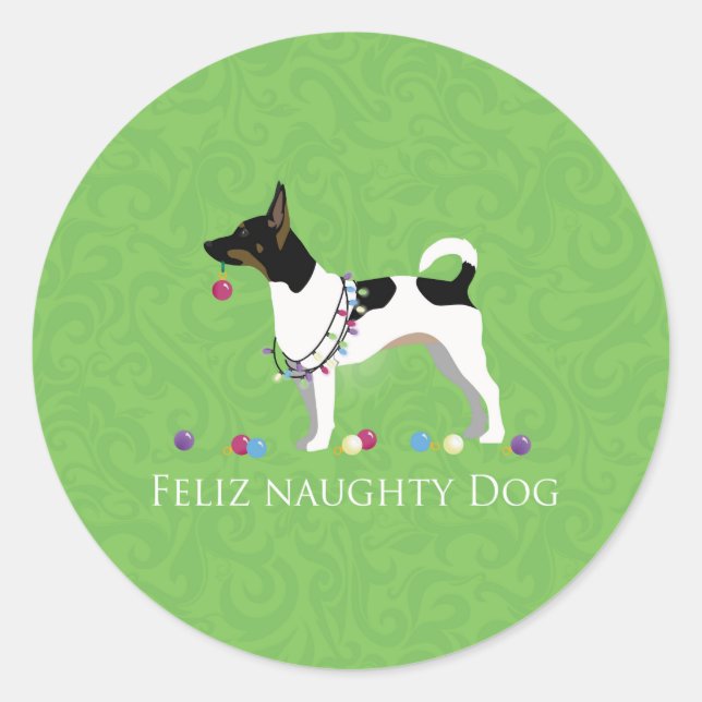 Pegatina Redonda Navidades de Rat Terrier Feliz Naughty Dog (Anverso)