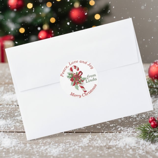 Pegatina Redonda Navidades de regalo de Personalizados de cane de v (Vintage Candy Cane Custom Christmas Gift Sticker)