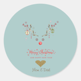 Pegatina Redonda Navidades de reno acuarela con corazón de oro