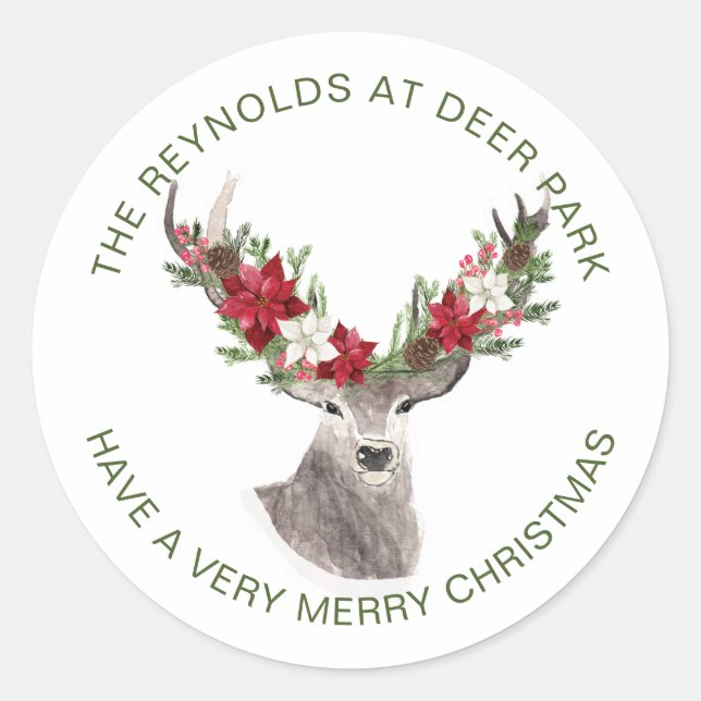Pegatina Redonda Navidades de renos de Poinsettia (Anverso)