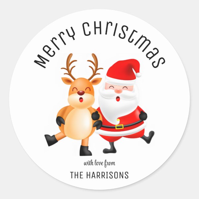 Pegatina Redonda Navidades de renos divertidos y alegres de Santa (Anverso)