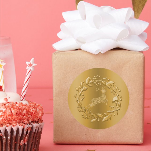 Pegatina Redonda Navidades de renos dorados y guirnaldas (Fiesta)