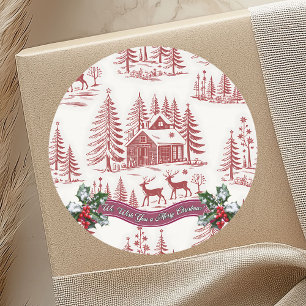 Pegatina Redonda Navidades de renos y casas de Ilustracion de época
