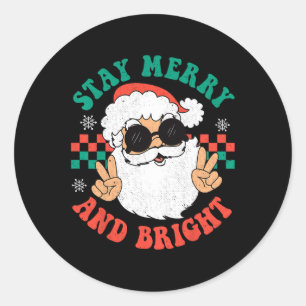Pegatina Redonda Navidades de Retro Groovy Merry Stay Bright Hippie