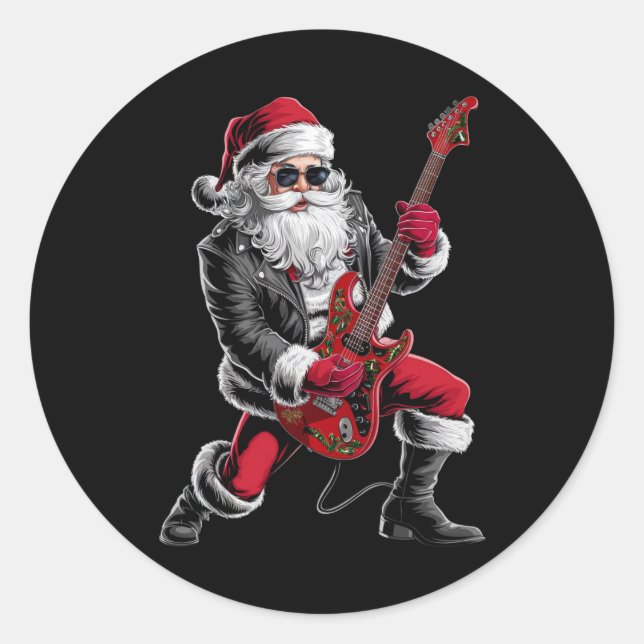 Pegatina Redonda Navidades de rock y rock Santa Claus guitarrista (Anverso)