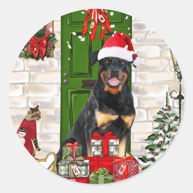 Pegatina Redonda Navidades de Rottweiler Dog (Anverso)