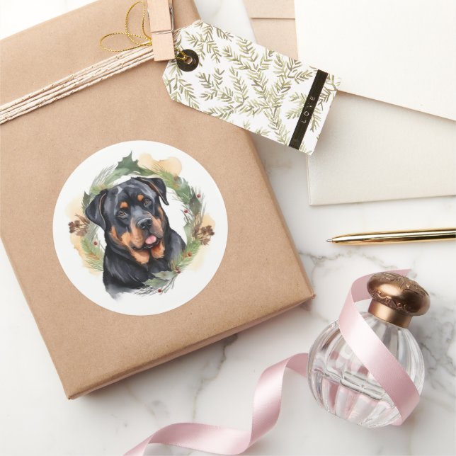 Pegatina Redonda Navidades de Rottweiler Wreath Festimes Pup (Regalar)