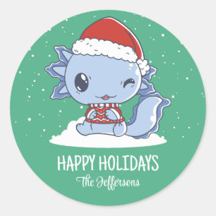 Pegatina Redonda Navidades de Santa Axolotl en invierno