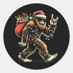 Pegatina Redonda Navidades de Santa Bigfoot iluminan Funny Sasquatc