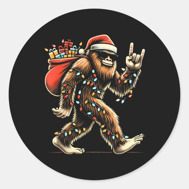 Pegatina Redonda Navidades de Santa Bigfoot iluminan sasquatc graci (Anverso)