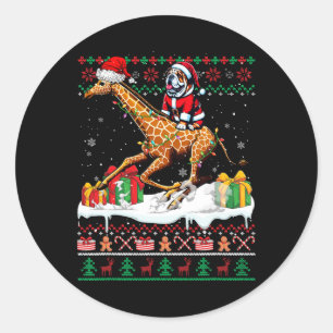 Pegatina Redonda Navidades de Santa Bulldog Riding Giraffe Sweater 