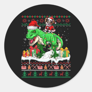 Pegatina Redonda Navidades de Santa Chihuahua Riding T-rex Sweater 